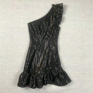 DO+BE Black Sequin Ruffle Hem Prom or Party Mini Dress with Single Shoulder